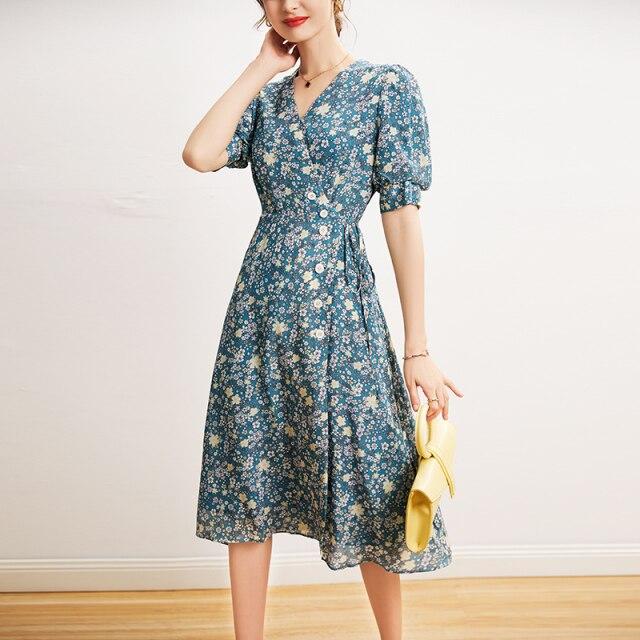 V Neck Short Sleeves Printed Buttons Lace Up Dress Mssaz Desses