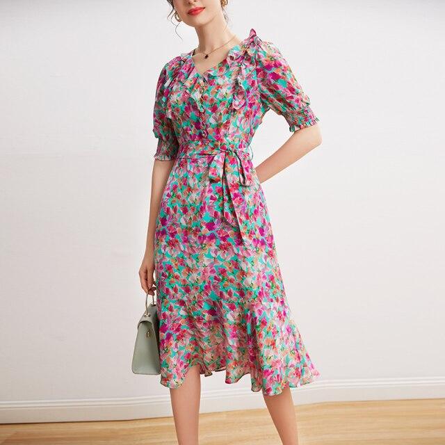 V Neck Short Sleeves Ruffles Sash Belt Printed  Dress Mssaz Desses