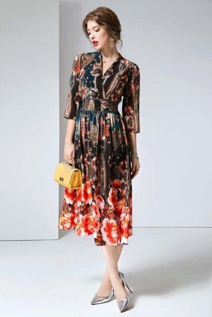 V Neck 3/4 Sleeves Printed Elastic Waist Elegant  Dresses Mssaz Desses