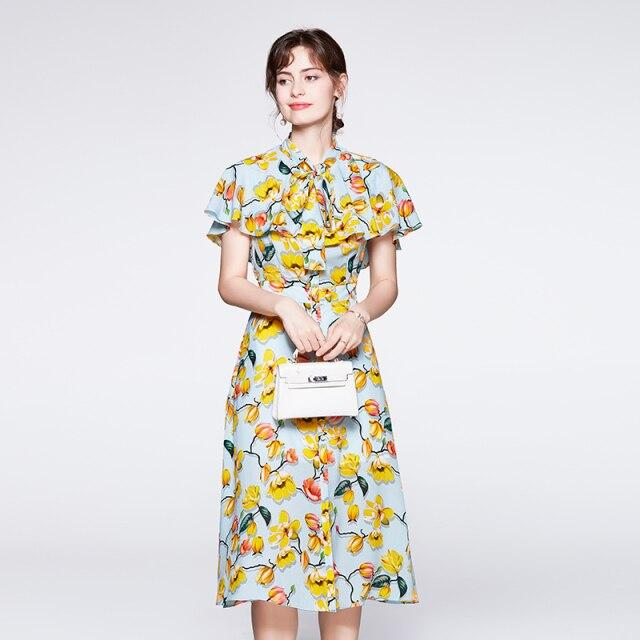 Lace Up Bow Collar Ruffles Printed Cape Sleeves Elegant Holiday Dress Mssaz Desses