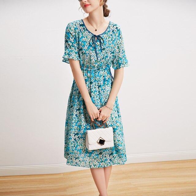 O Neck Short Sleeves Lace Up Waist Floral Printed Elegant  Dress Mssaz Desses