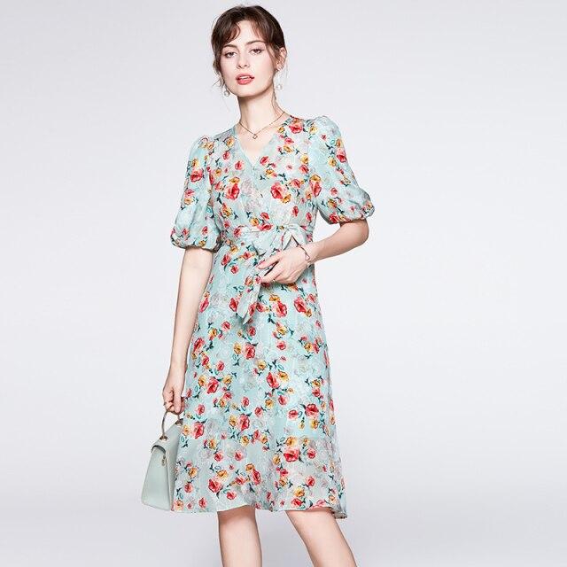 V Neck Short Sleeves Printed Sash Belt  Dress Mssaz Desses