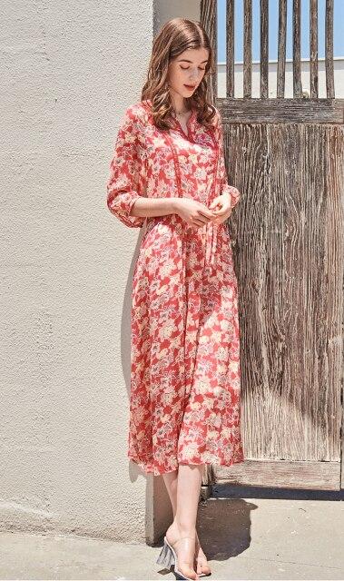 V Neck 3/4 Sleeves Floral Printed Lace Patchwork Holiday Dresses Mssaz Desses