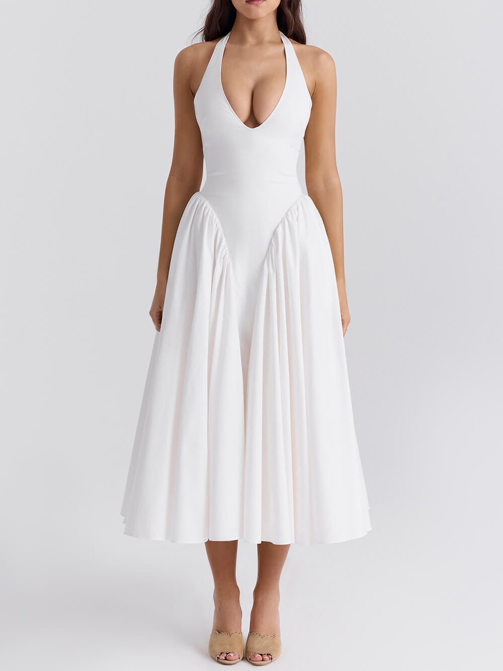 Pleated Stitching Deep V Neck Halter Waist Plain Midi Dresses Mssaz Desses