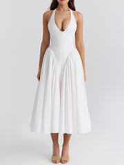 Pleated Stitching Deep V Neck Halter Waist Plain Midi Dresses Mssaz Desses