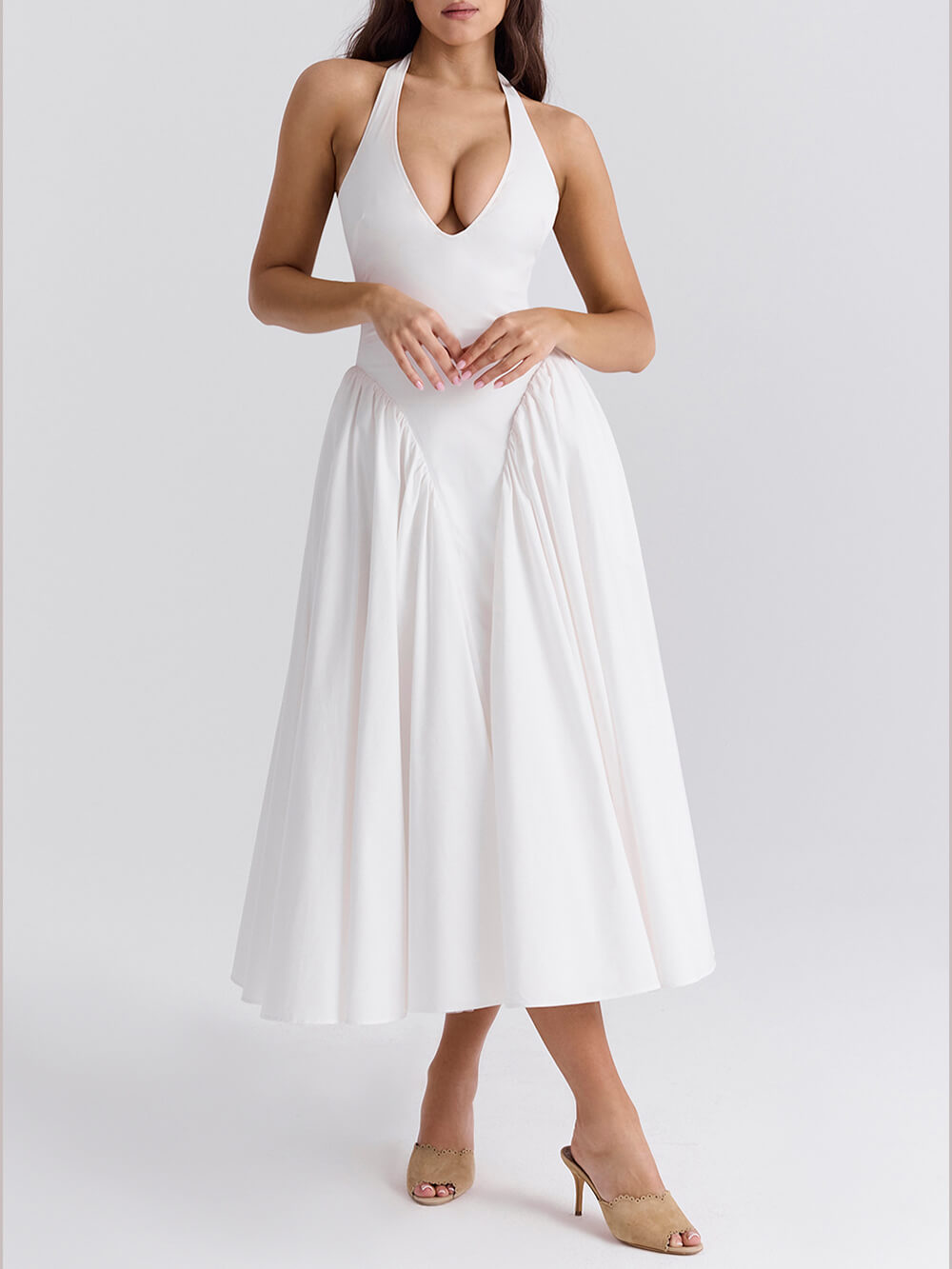 Pleated Stitching Deep V Neck Halter Waist Plain Midi Dresses Mssaz Desses