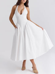 Pleated Stitching Deep V Neck Halter Waist Plain Midi Dresses Mssaz Desses