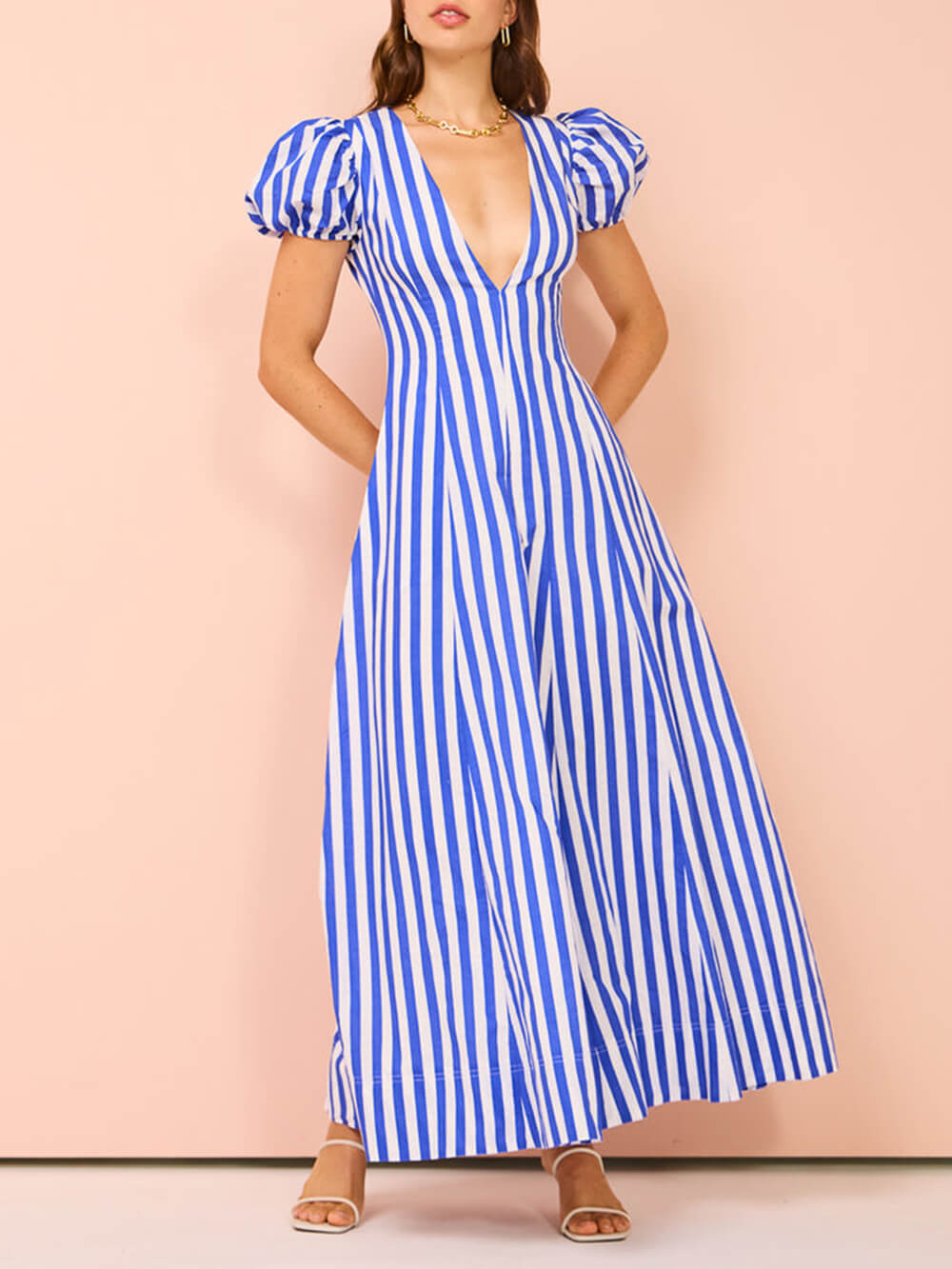 Bubble Sleeve In Stripe Wavy Maxi Dress Mssaz Desses
