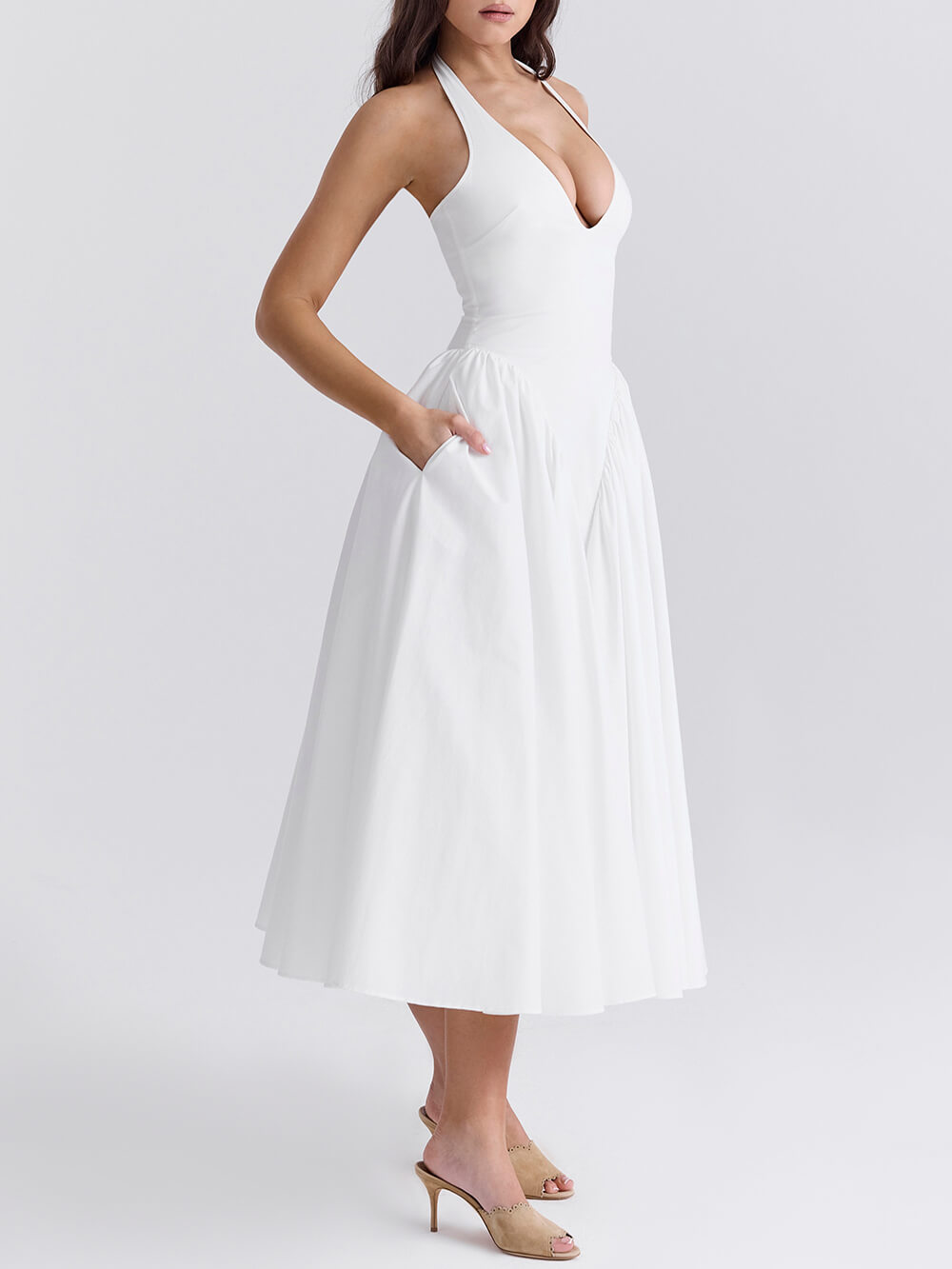 Pleated Stitching Deep V Neck Halter Waist Plain Midi Dresses Mssaz Desses