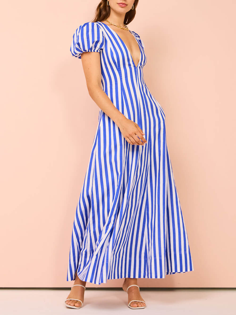 Bubble Sleeve In Stripe Wavy Maxi Dress Mssaz Desses