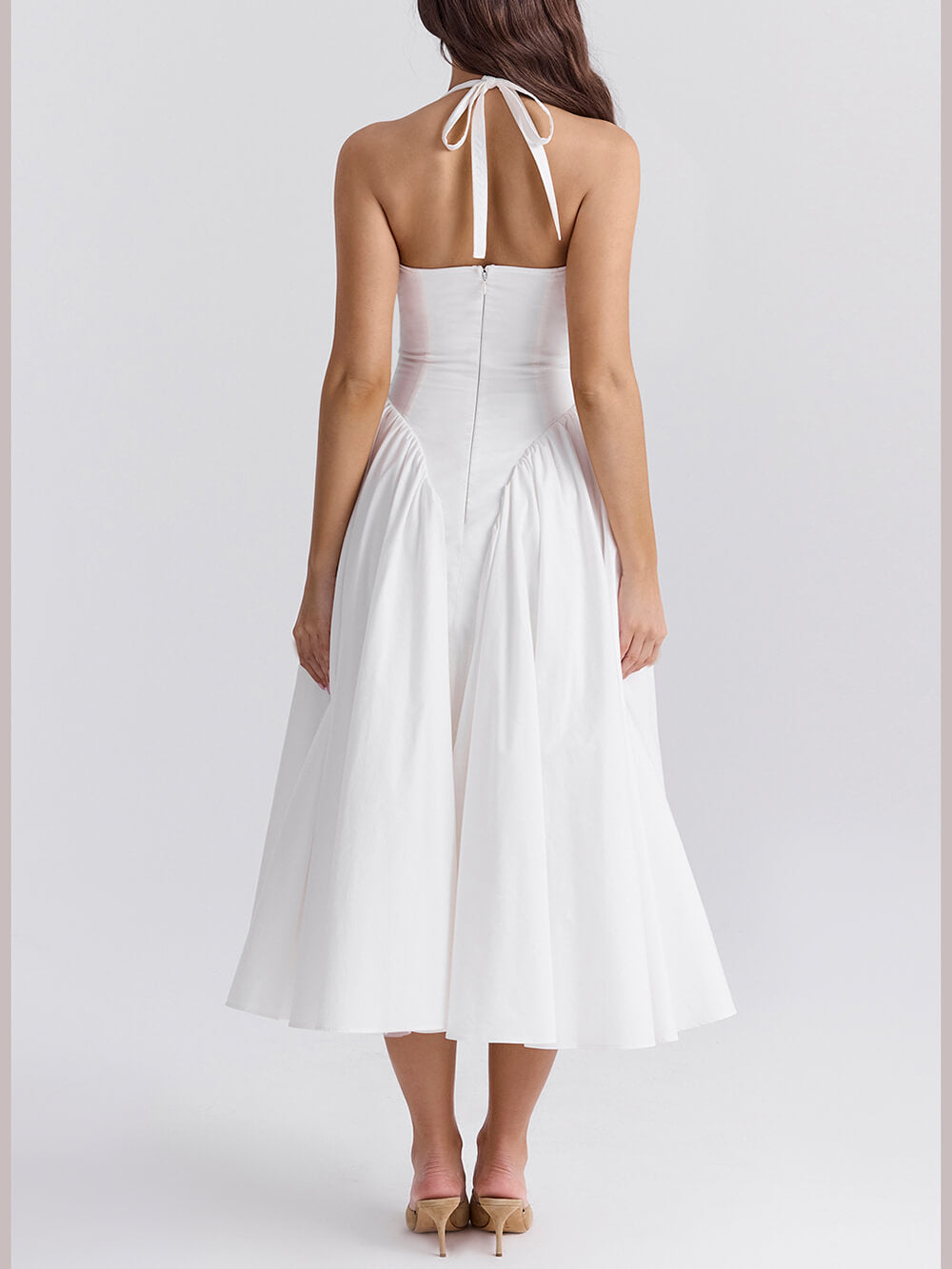 Pleated Stitching Deep V Neck Halter Waist Plain Midi Dresses Mssaz Desses