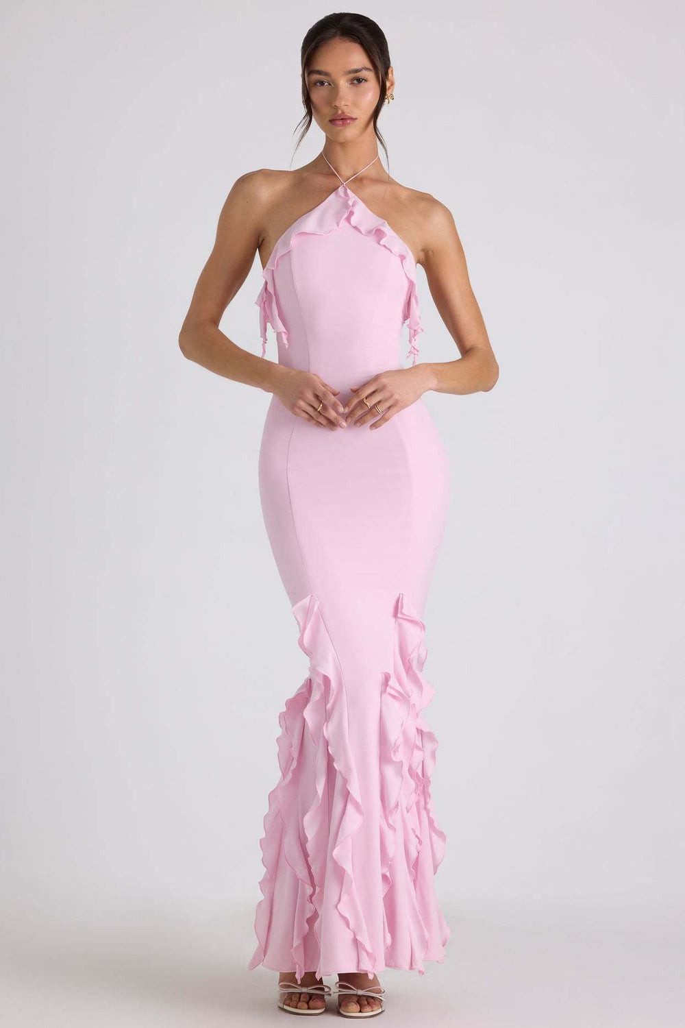 Ruffle-Trim Halterneck Evening Maxi Dress Mssaz Desses