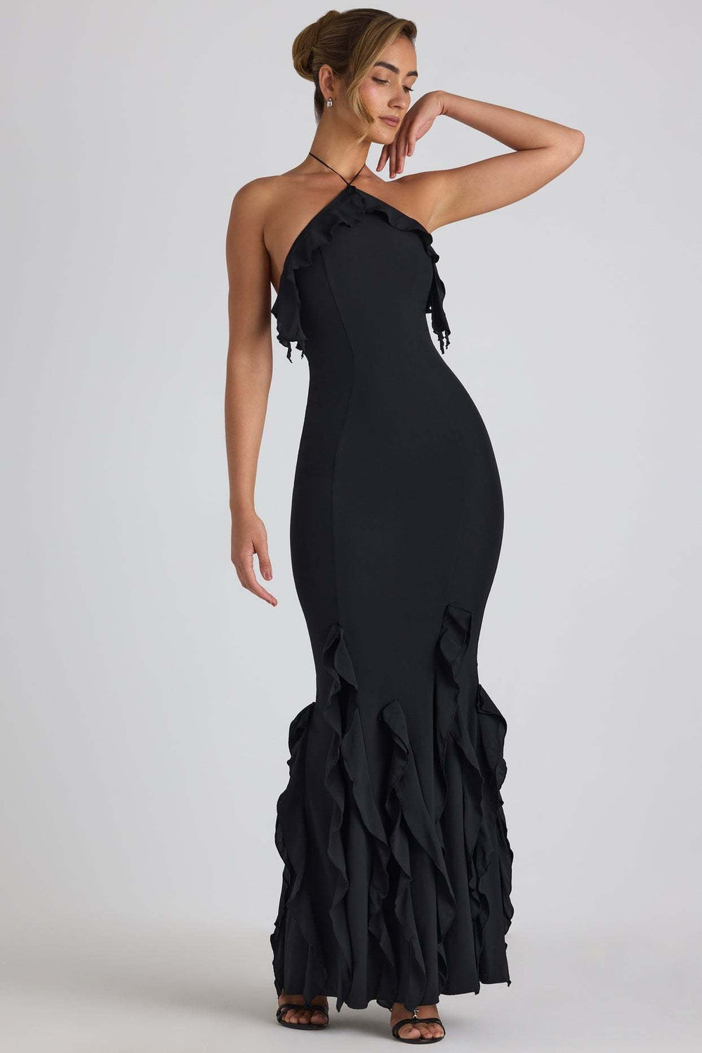 Ruffle-Trim Halterneck Evening Maxi Dress Mssaz Desses