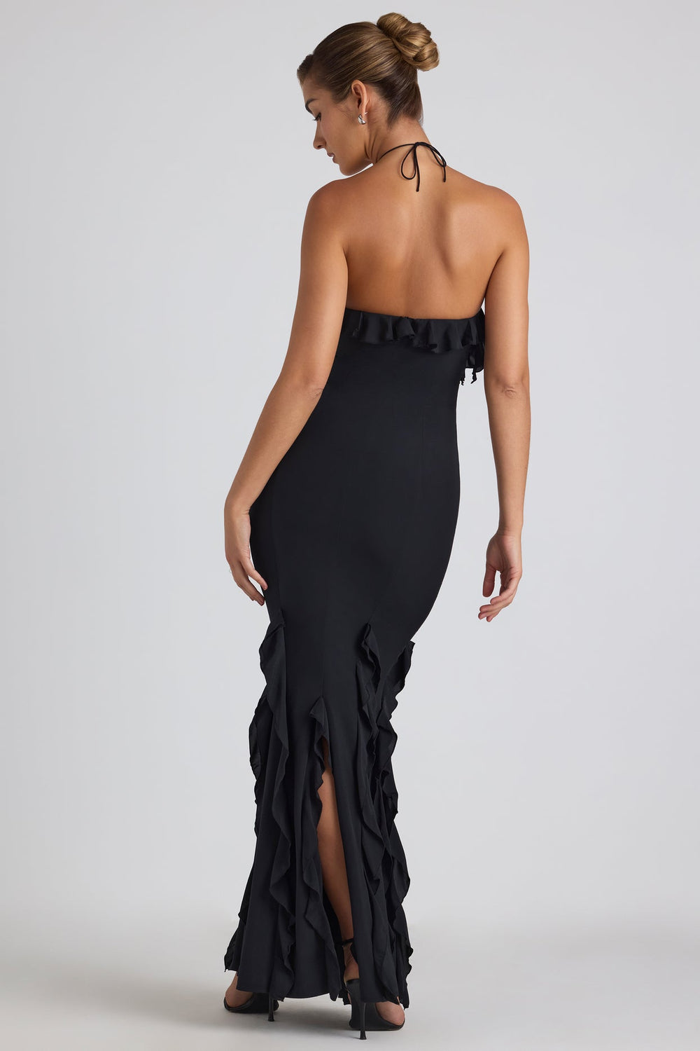 Ruffle-Trim Halterneck Evening Maxi Dress Mssaz Desses