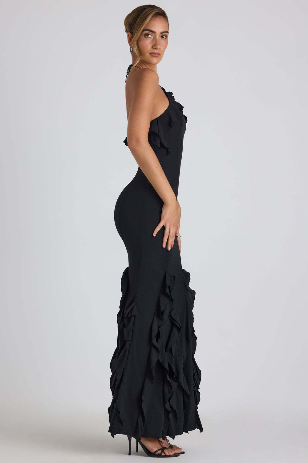 Ruffle-Trim Halterneck Evening Maxi Dress Mssaz Desses