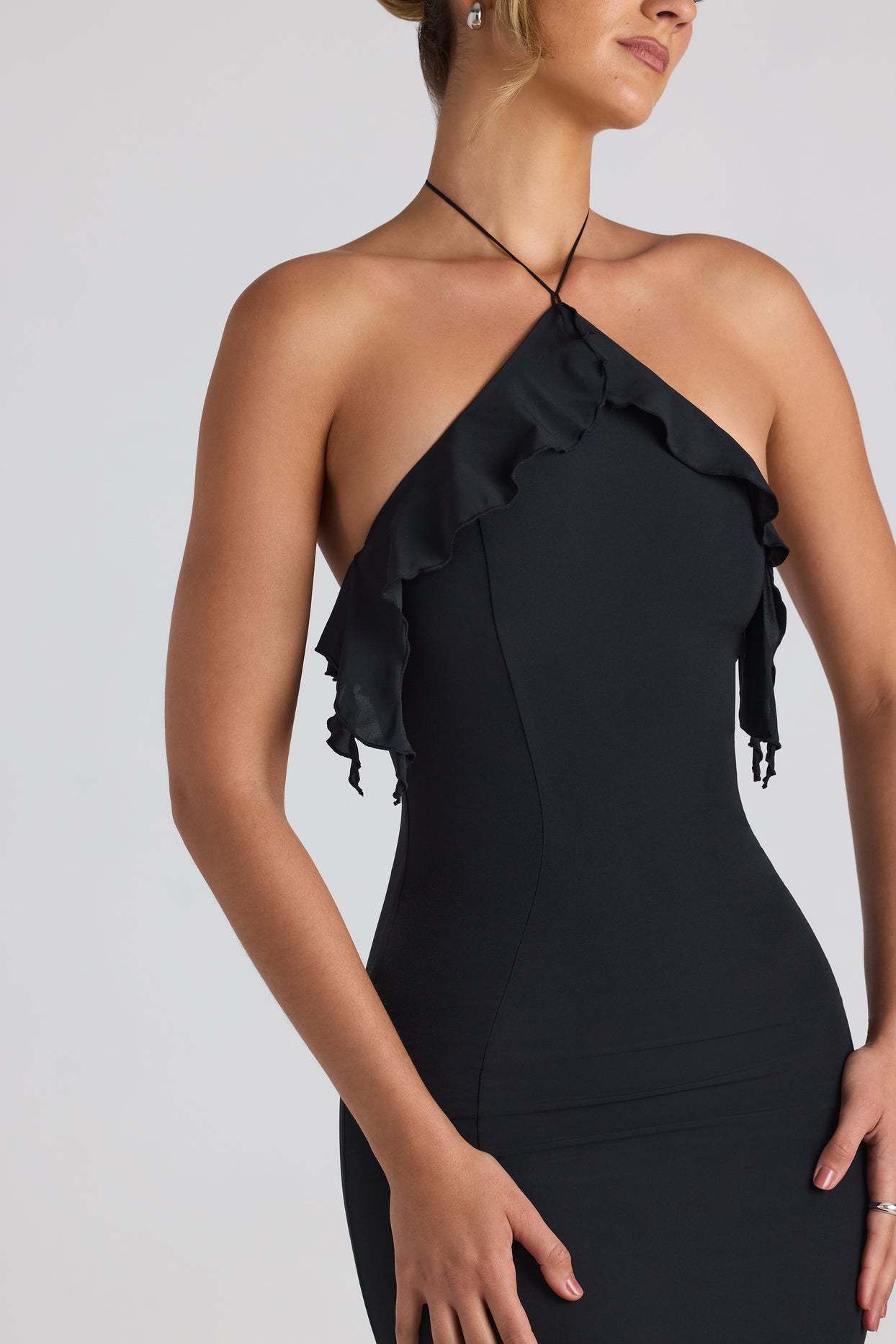 Ruffle-Trim Halterneck Evening Maxi Dress Mssaz Desses