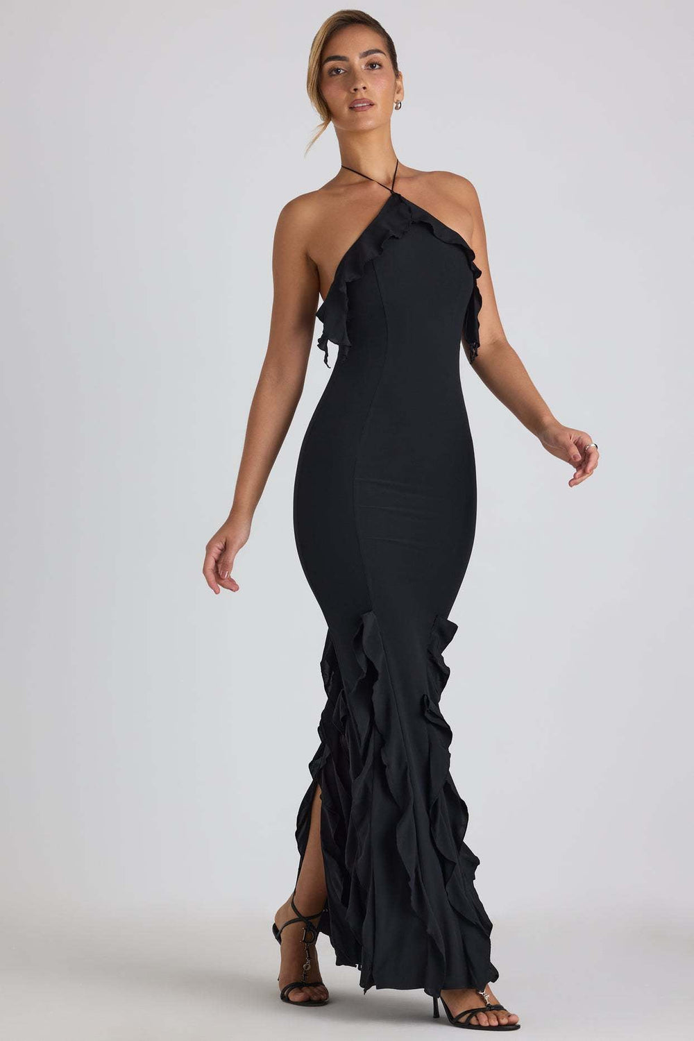 Ruffle-Trim Halterneck Evening Maxi Dress Mssaz Desses