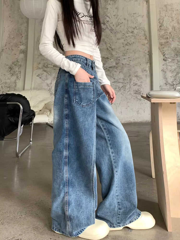 Vintage Cotton Zipper Fly Designer Distressed Baggy Stacked Jeans Mssza