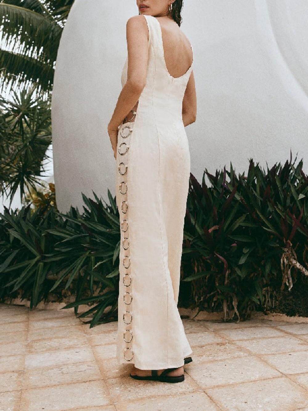 Signature Printed Hoop-Embellished Sleeveless Midi Dress Mssaz Desses