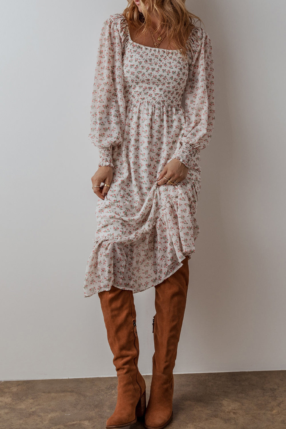 White Floral Print Shirred Ruffled Hem Square Neck Midi Dress Mssaz Desses