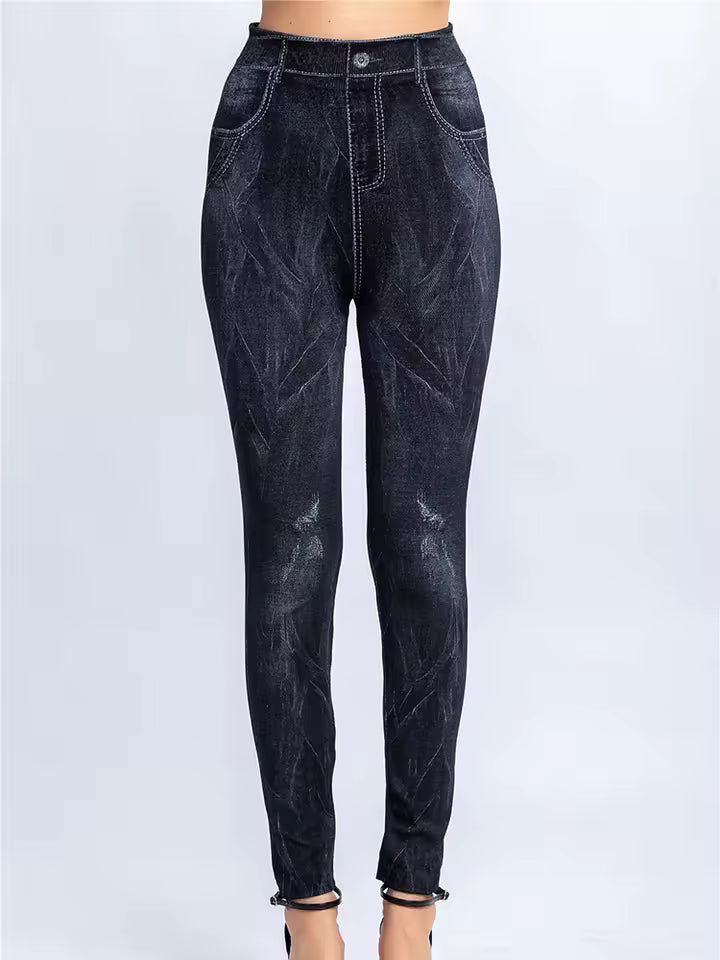 Casual Geometric Faux Denim Knitted Pencil Pants Gym Leggins Mssza