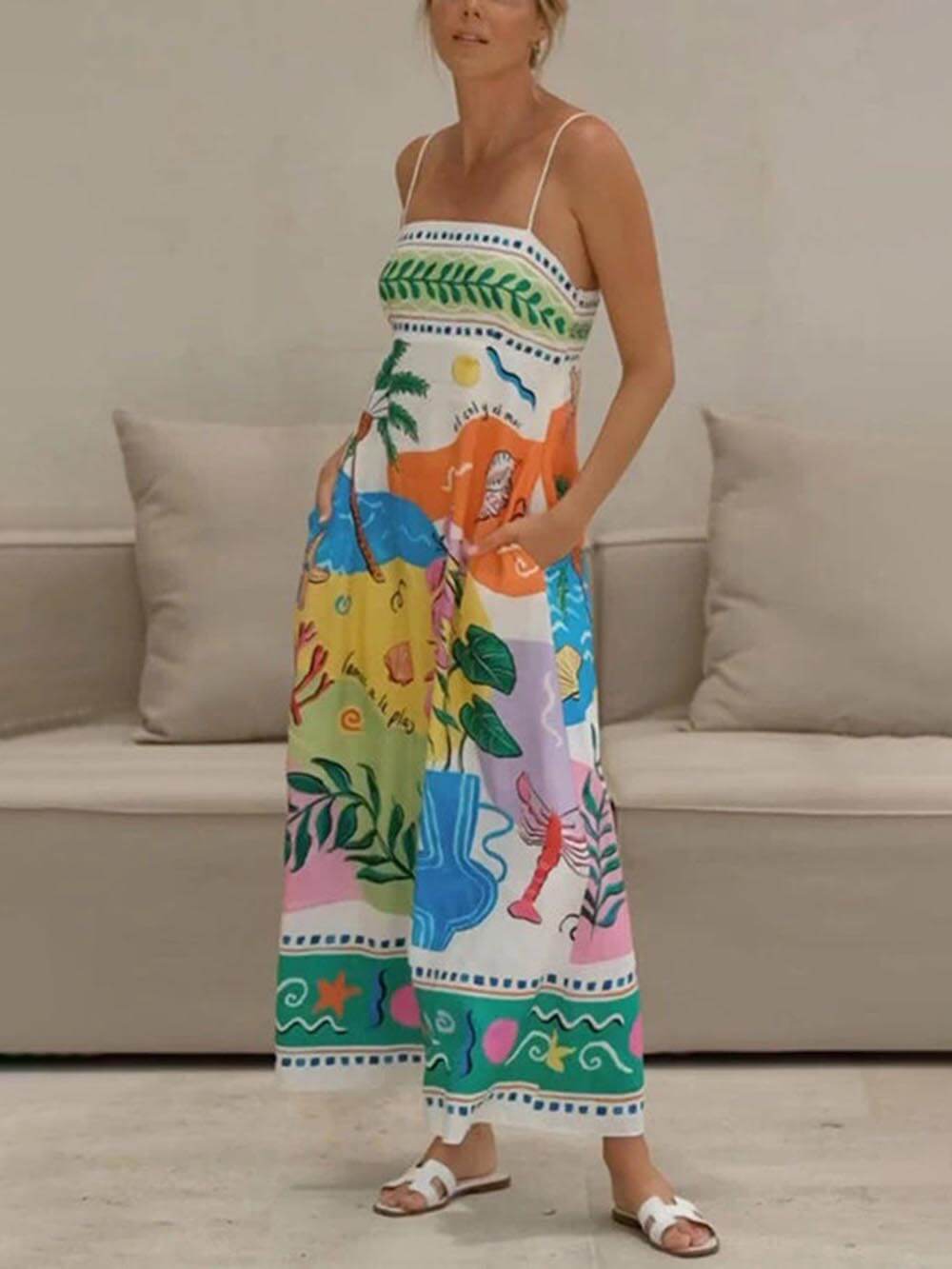 Unique Printed Strapless Sleeveless Resort Style Midi Dress Mssaz Desses
