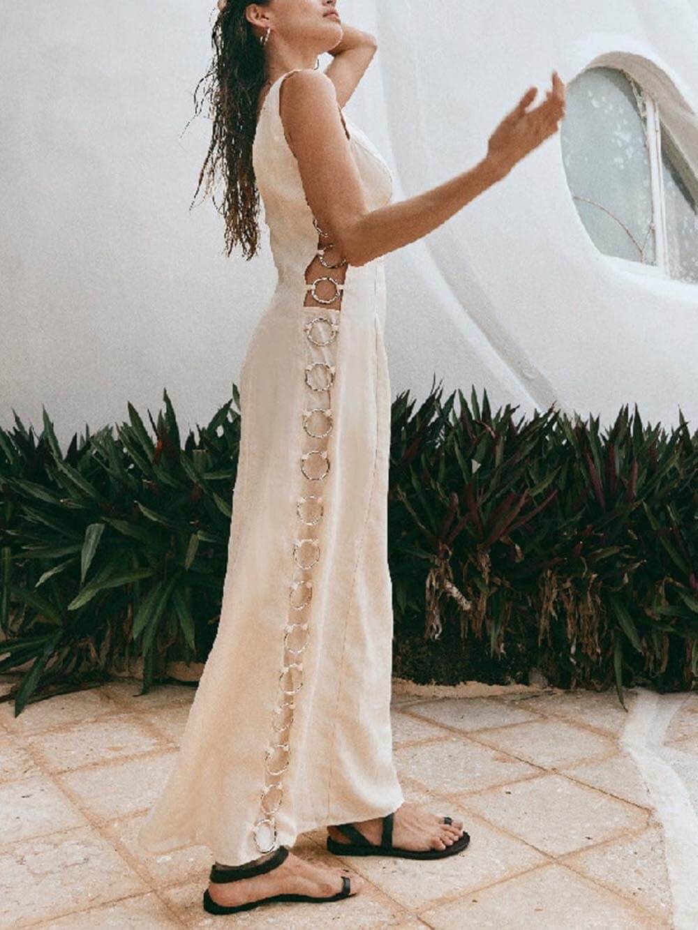 Signature Printed Hoop-Embellished Sleeveless Midi Dress Mssaz Desses