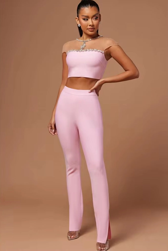 Luxury Designer Mesh Crystal Beading Two Piece Pants Bandage Set Mssza