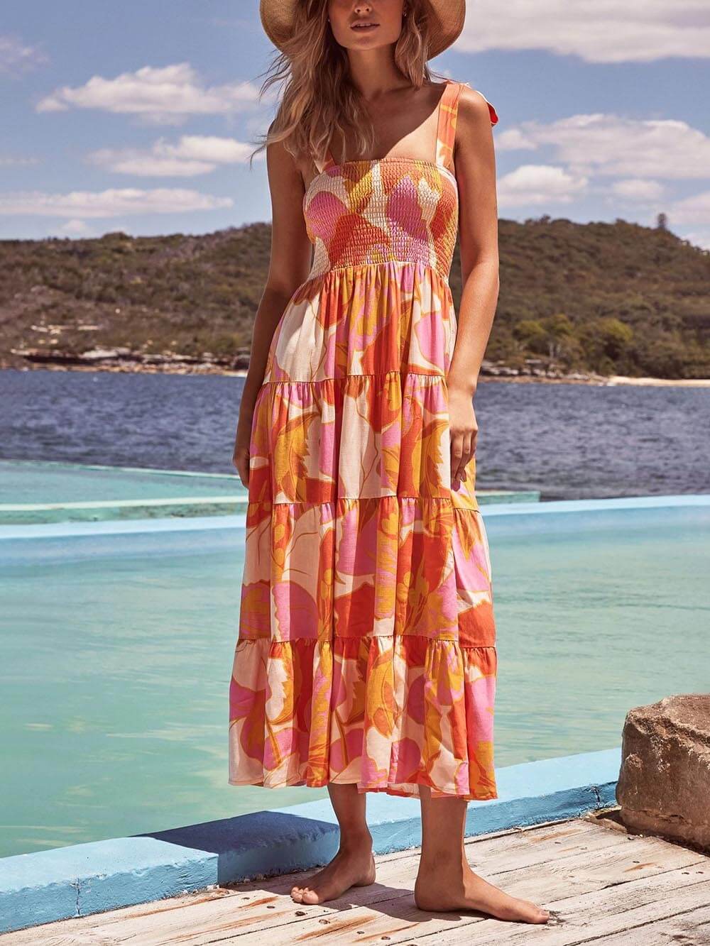 Sea Charm Sleeveless Pleated Stretch Chest Print Cami Dress Mssaz Desses