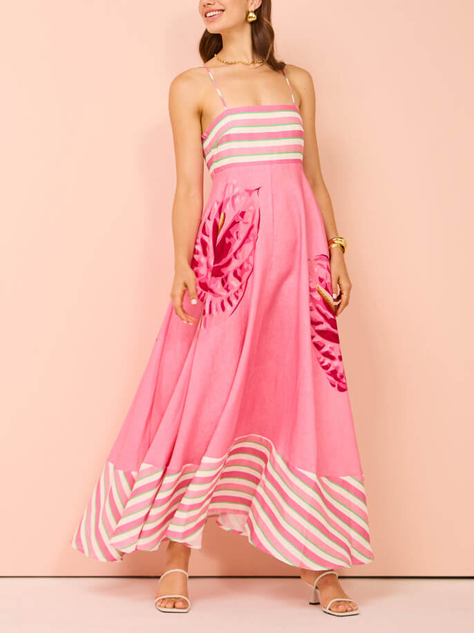 Floral Print Paneled Striped Suspender Mixi Dress Mssaz Desses