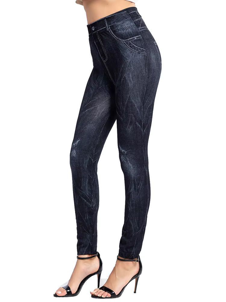 Casual Geometric Faux Denim Knitted Pencil Pants Gym Leggins Mssza