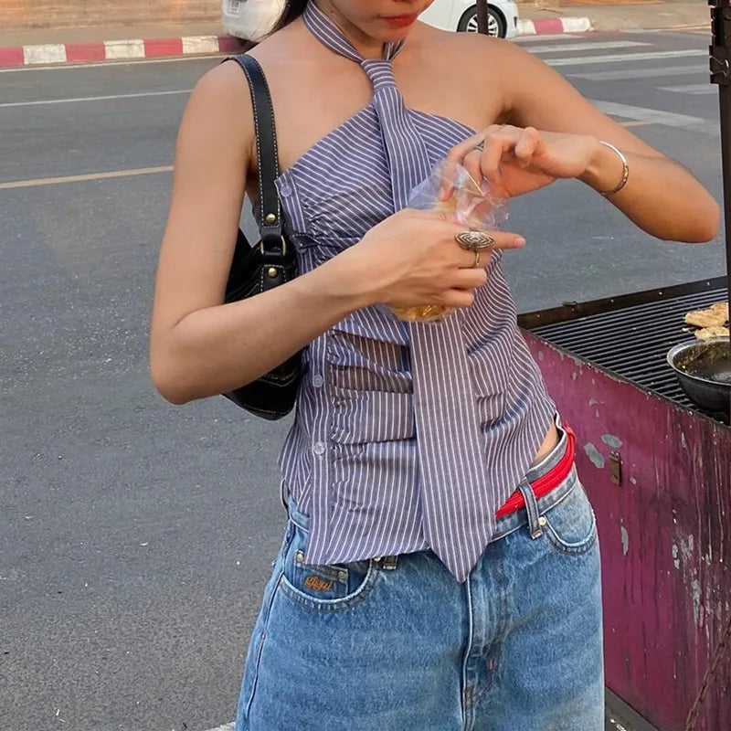 Chic Backless Button Asymmetrical Striped Halter Crop Tops Mssza