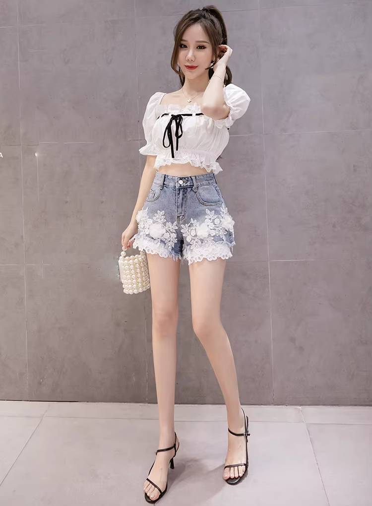Elegant Embroidery Denim High Waist Shorts Mssza