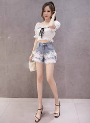 Elegant Embroidery Denim High Waist Shorts Mssza