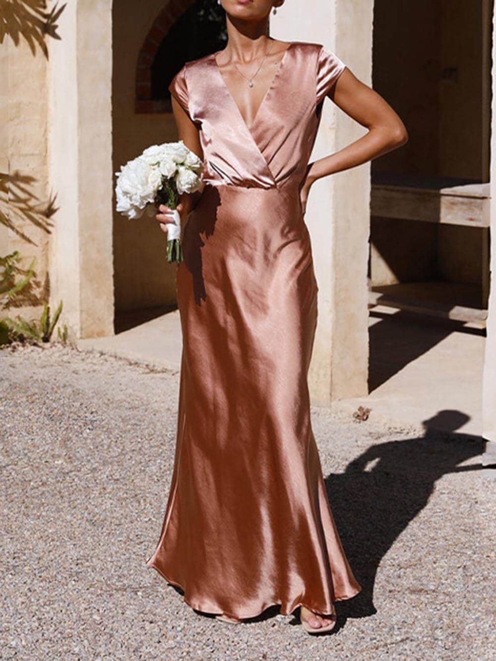 Spring/ Satin Solid Color V-Neck Fishtail Party Dress Mssaz Desses