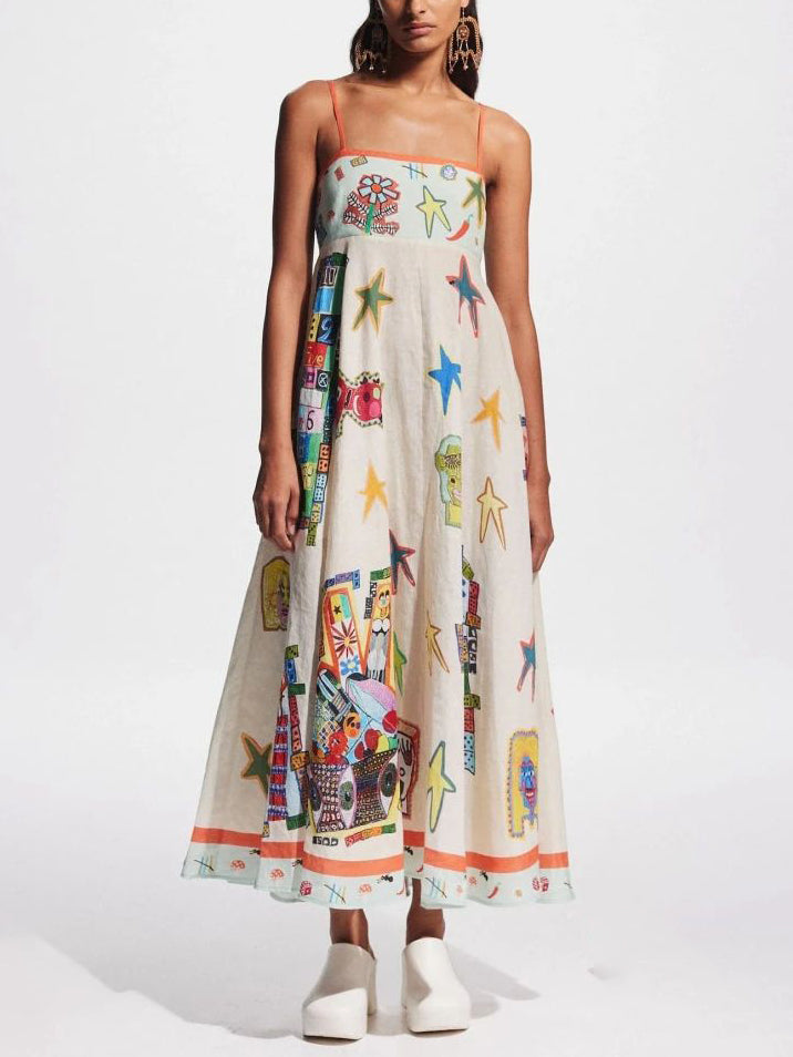 Unique Graffiti Print Suspenders Long Swing Maxi Dress Mssaz Desses