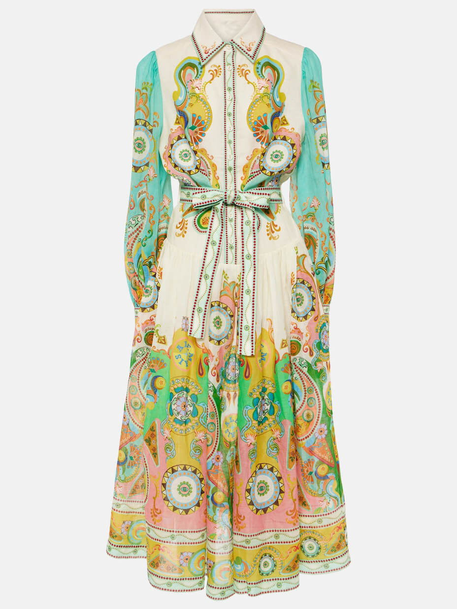 Unique Exquisite Print Puff Sleeve Tie Midi Dress Mssaz Desses