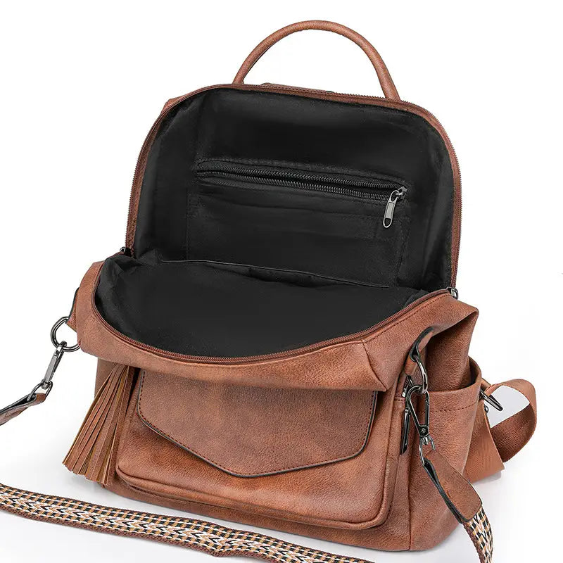 Vintage Block Design With Tassel Stain-Resistant Leather Backpack Mssza