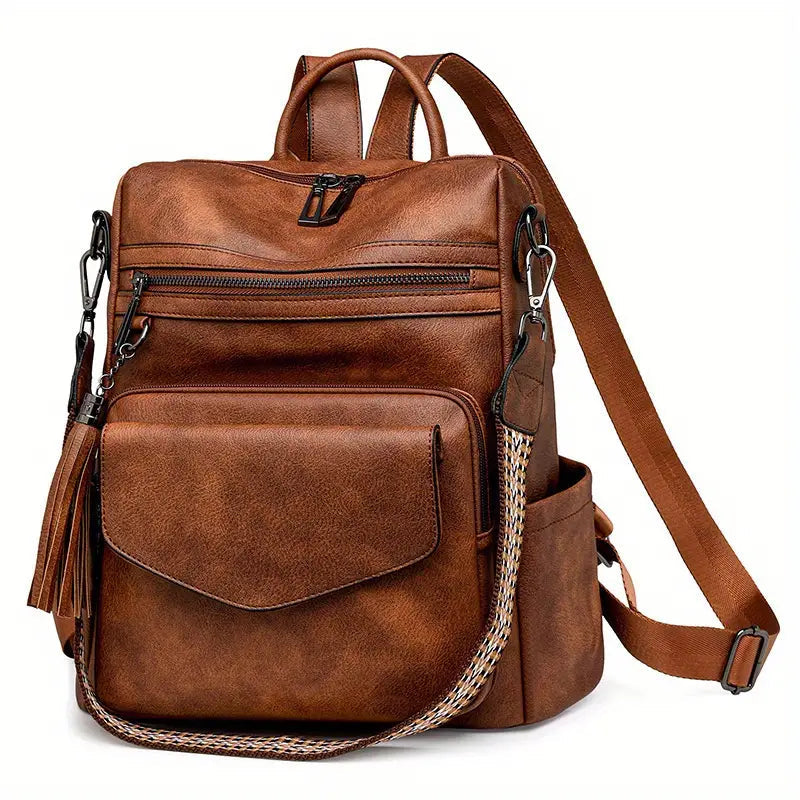 Vintage Block Design With Tassel Stain-Resistant Leather Backpack Mssza