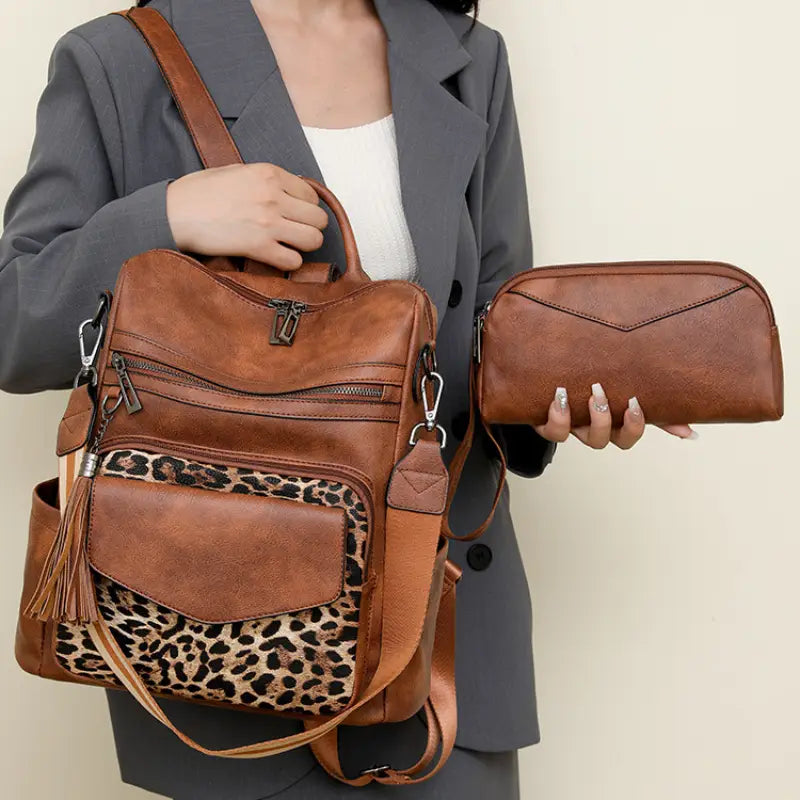 Vintage Leopard Print Block Design with Tassel Stain-Resistant Leather Backpack Mssza