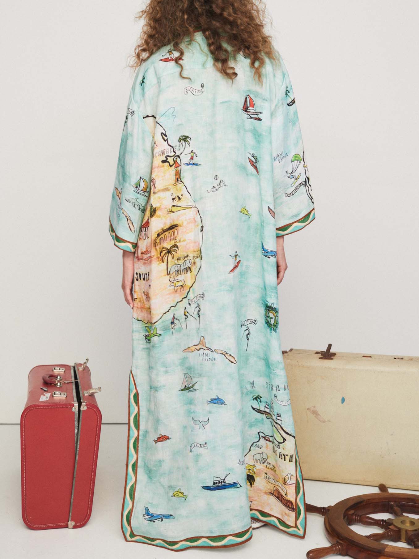 Modern Satin Art Island Print Slit Maxi Dress Mssaz Desses