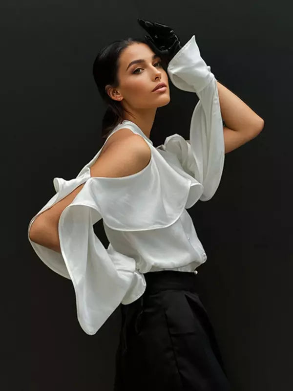 Elegant Pearl Button Open Shoulder Sleeve Ruffled Blouse Mssza