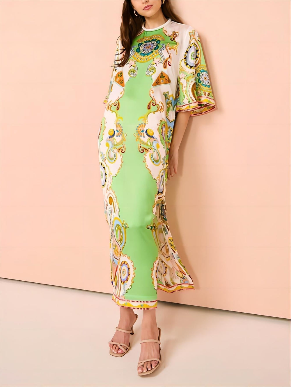 Unique Cashew Floral Print Loose Midi Dress Mssaz Desses