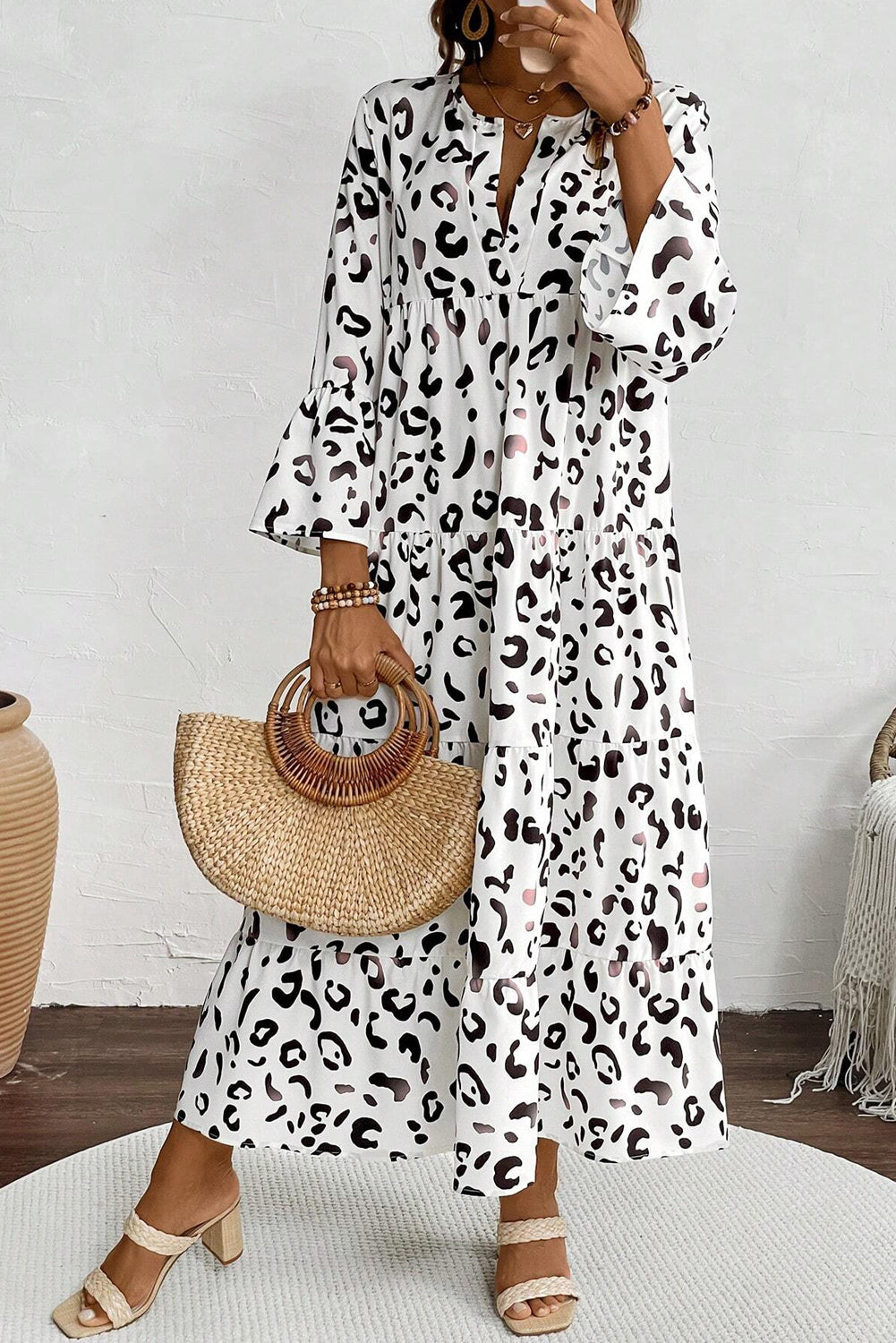 White Leopard Print Notch V Neck Loose Fit Maxi Dress Mssaz Desses