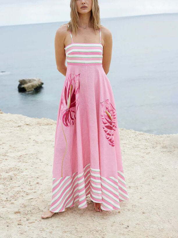 Floral Print Paneled Striped Suspender Mixi Dress Mssaz Desses
