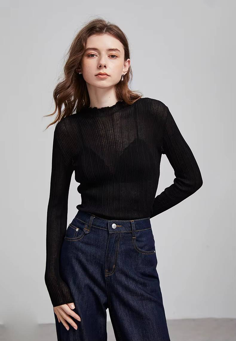 Casual Ruff Collar Turtleneck Linen Slim Fit Bottom Pullover Knitted Top Mssza