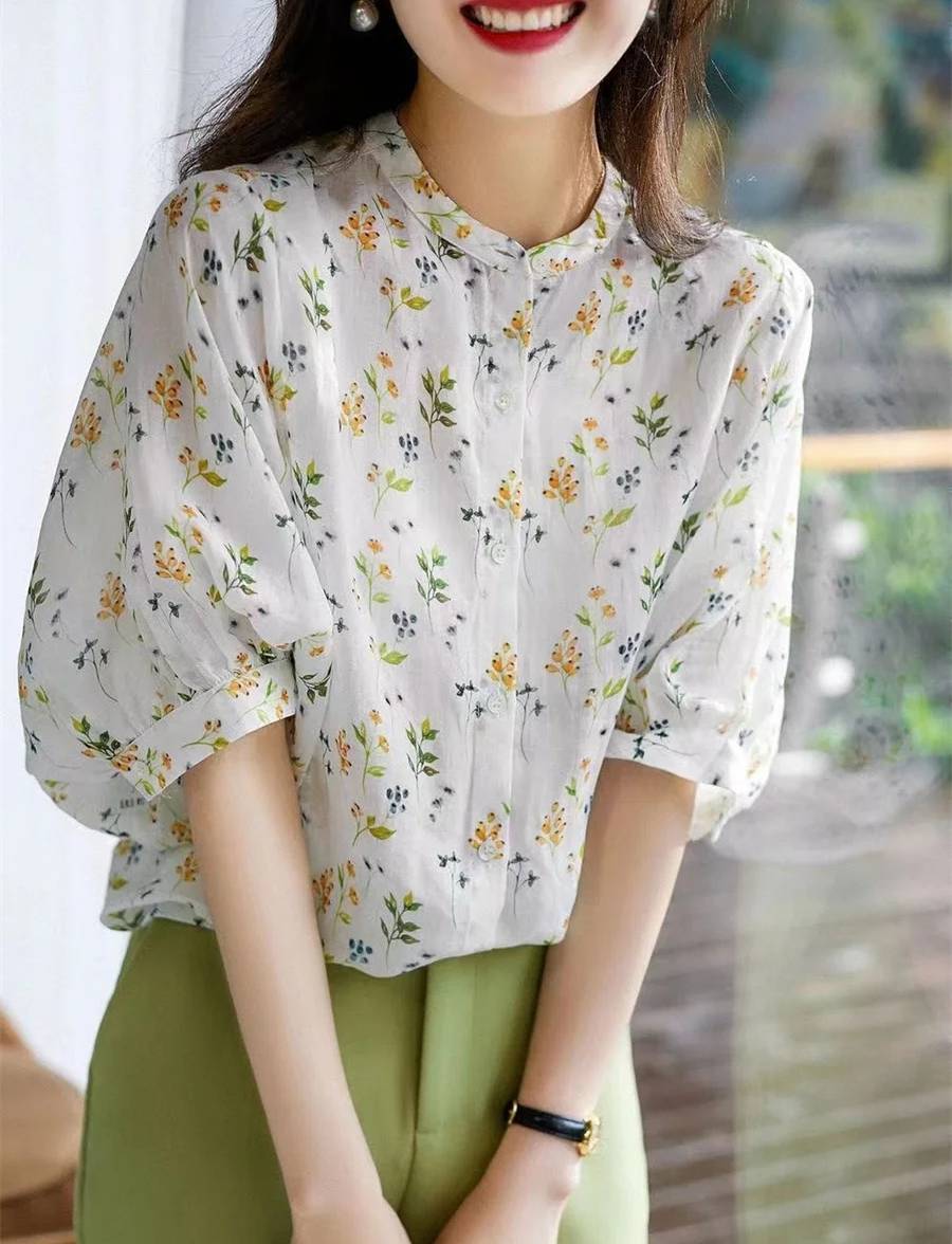 Casual Short Puff Sleeve Stand Collar Flower Printed Shirts Blouses Mssza