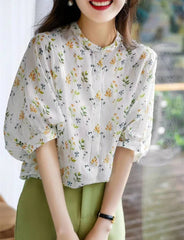 Casual Short Puff Sleeve Stand Collar Flower Printed Shirts Blouses Mssza