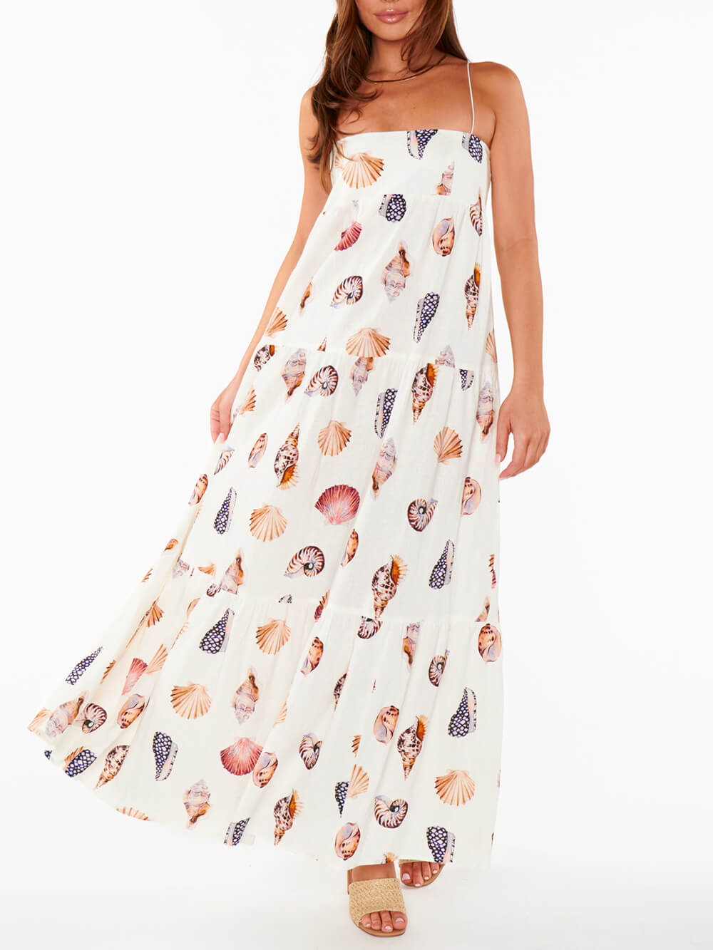 Unique Shell Conch Print Pleated Pockets Lightweight Maxi Dress Mssaz Desses