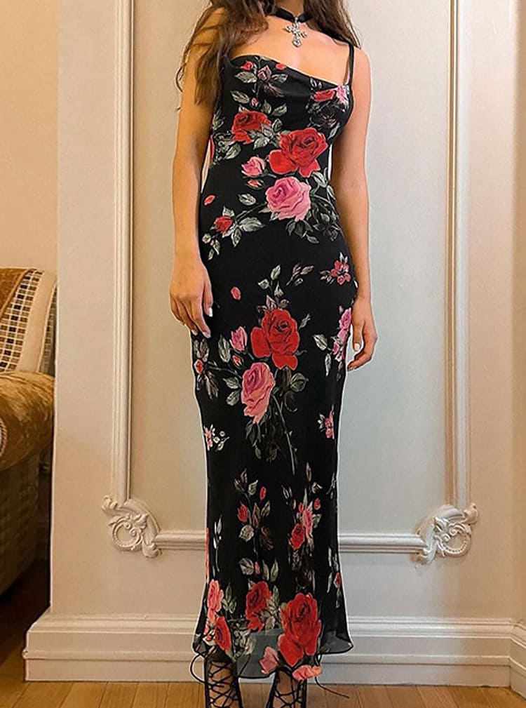 Floral Print Mesh Spaghetti Strap Maxi Dress Mssaz Desses